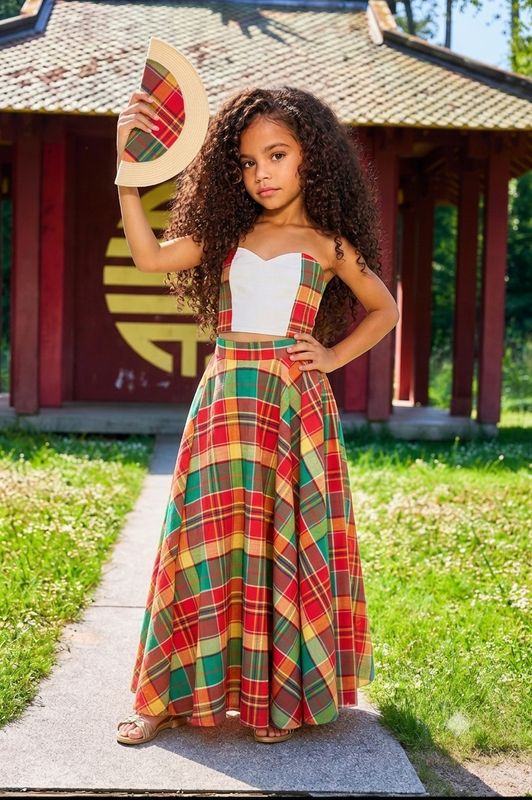 Ensemble Jupe trapèze fille Madras et top bustier
