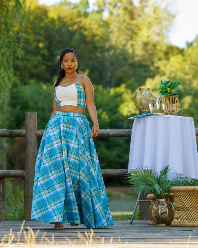 Ensemble Jupe trapèze Madras et top bustier