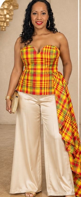 Ensemble bustier asymétrique madras et pantalon satiné nude assorti Ensemble bustier asymétrique madras et pantalon satiné nude assorti