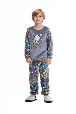 Boy&#39;s Fleece Long Pajamas Set - Gray Astronaut