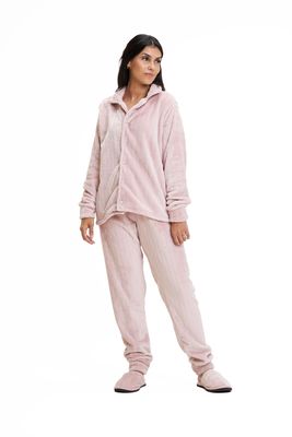 Women&#39;s Fleece Button Up Pajamas Set - Pink