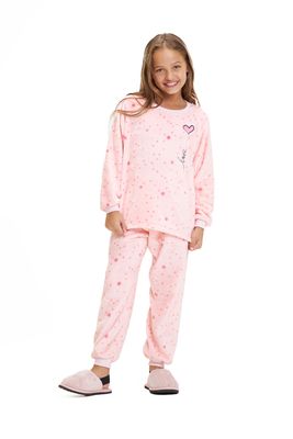 Girl&#39;s Fleece Long Pajamas Set - Love Pink Stars