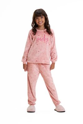 Girl&#39;s Fleece Long Pajamas Set - Lovely Pink Stars