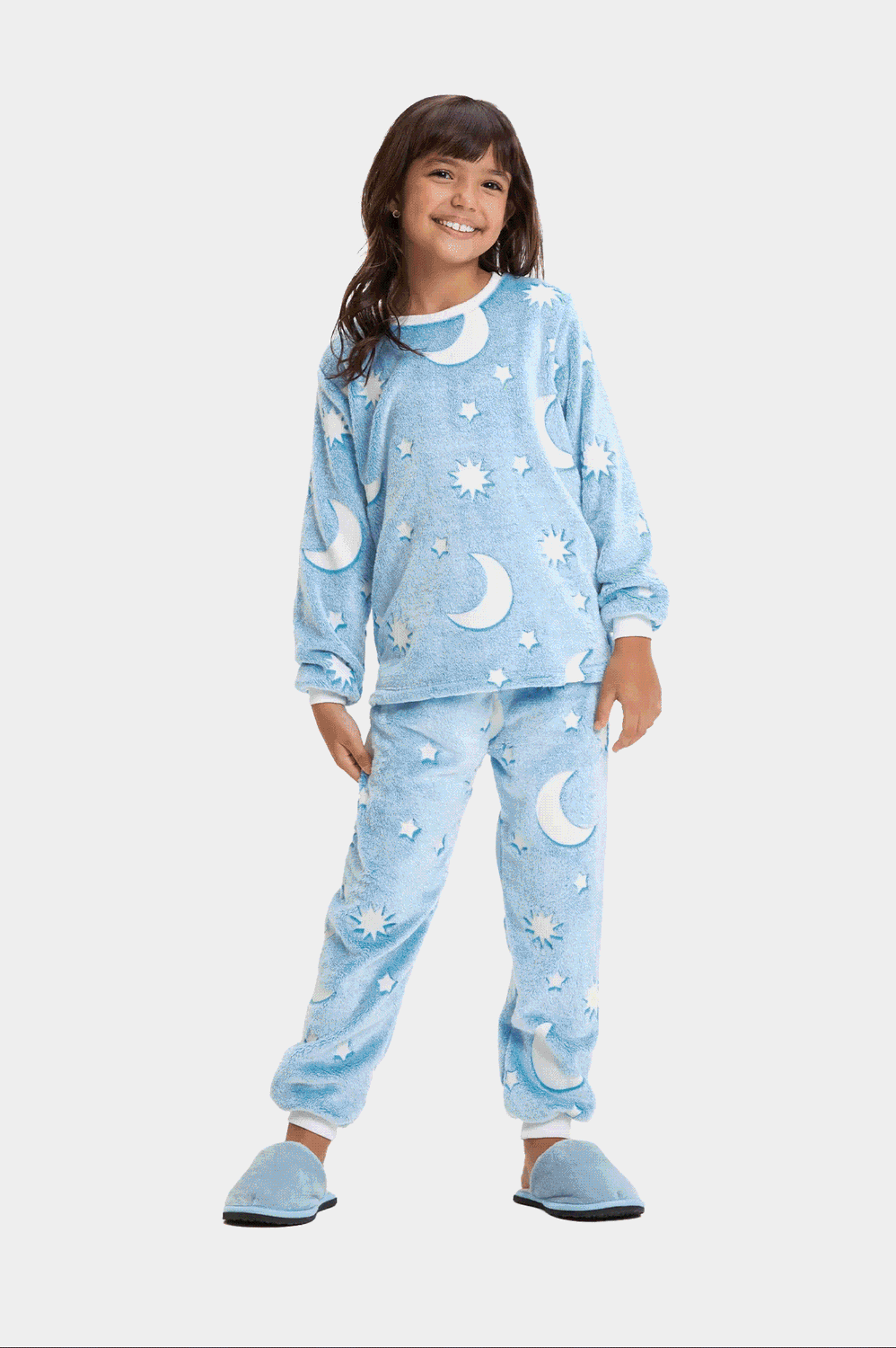 Girl&#39;s Fleece Long Pajamas Set - Blue Moon and Stars
