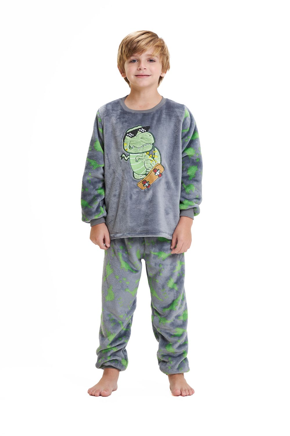 Boy&#39;s Fleece Long Pajamas Set - Green Dinosaur