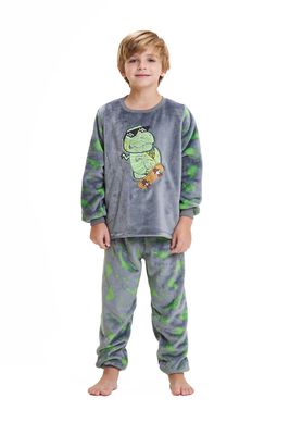 Boy&#39;s Fleece Long Pajamas Set - Green Dinosaur