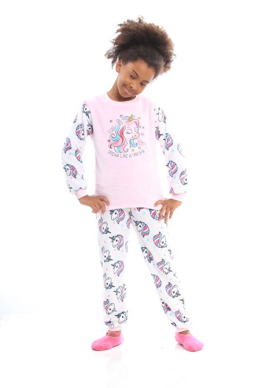Girl&#39;s Fleece Long Pajamas Set - Sleep Like a Unicorn