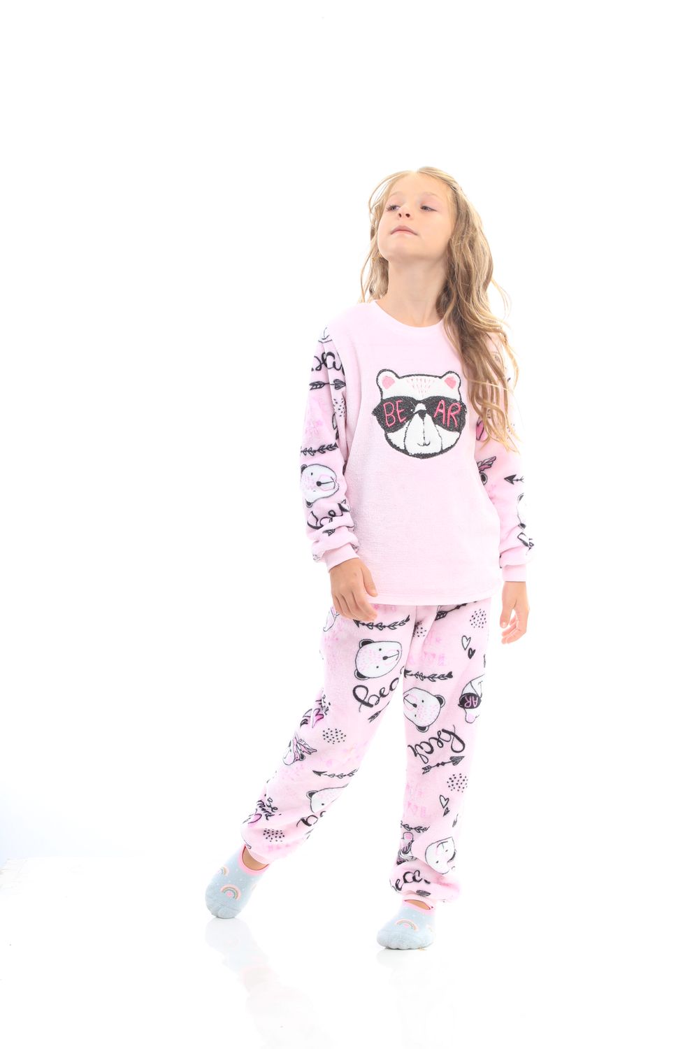 Girl&#39;s Fleece Long Pajamas Set - Pink Teddy Bear