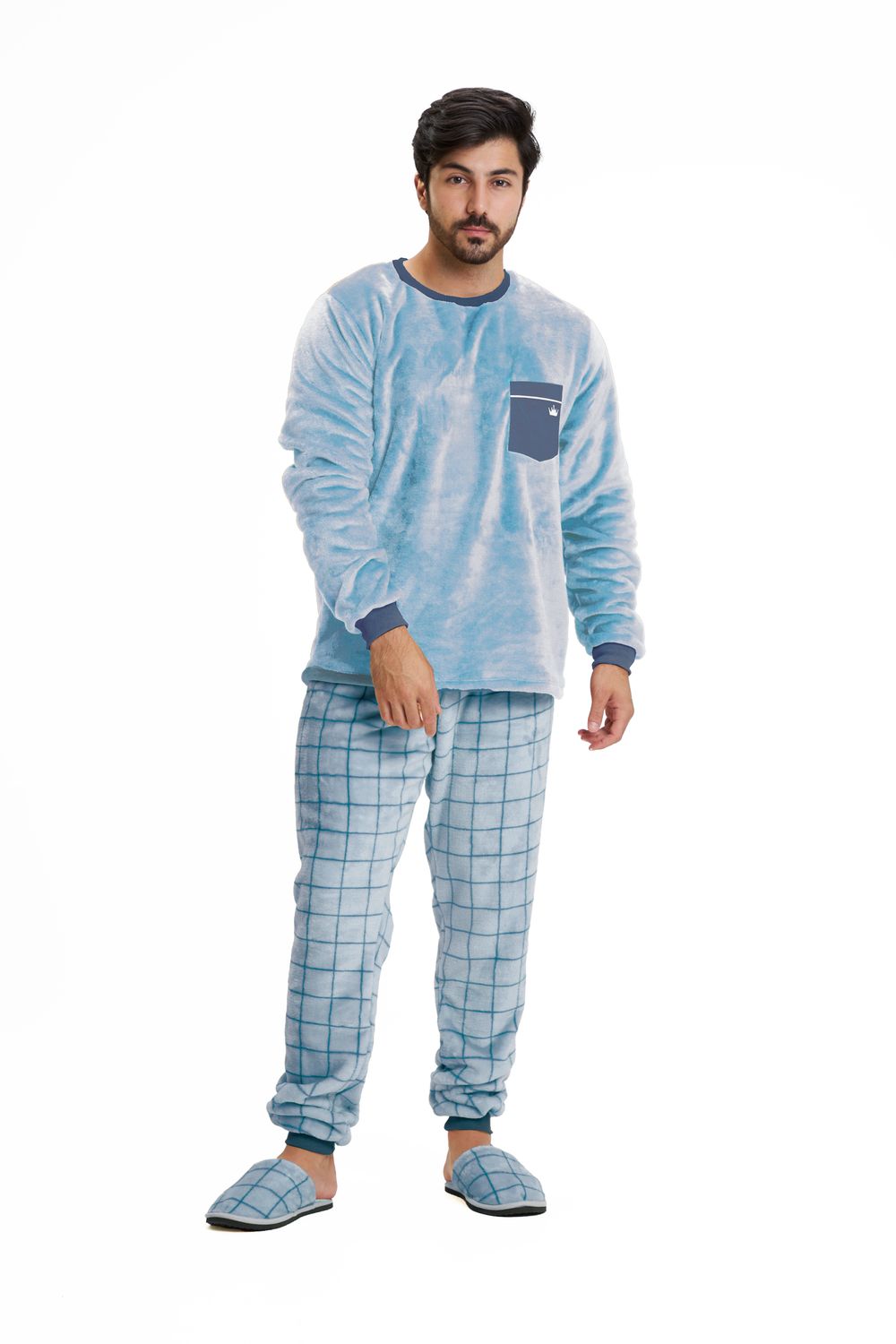 Men&#39;s Fleece Pajamas Set - Blue Plaid with Pocket