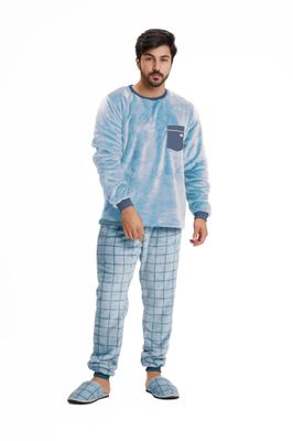 Men&#39;s Fleece Pajamas Set - Blue Plaid with Pocket