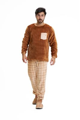 Men&#39;s Fleece Pajamas Set - Brown Plaid with Pocket