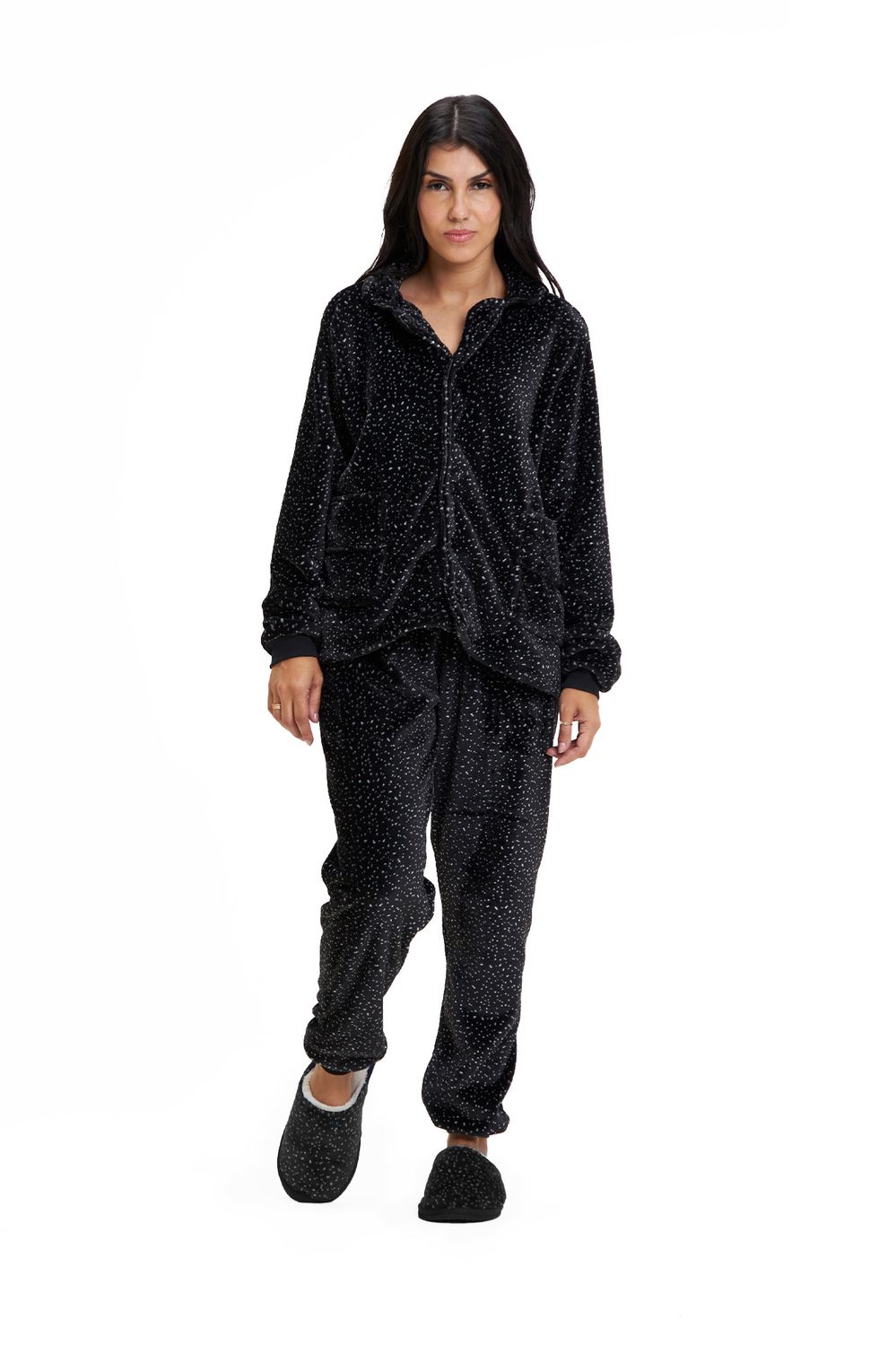 Women&#39;s Fleece Button Up Pajamas Set - Black Starry