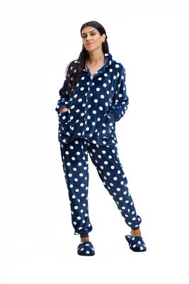 Women&#39;s Fleece Button Up Pajamas Set - Blue Polka Dot