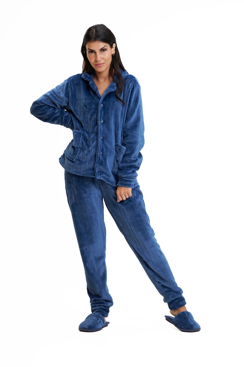 Women&#39;s Fleece Button Up Pajamas Set - Blue Starry