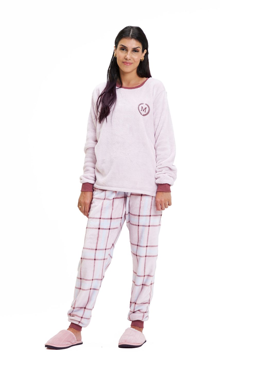 Women&#39;s Fleece Pajamas Set - Pink Striped Plaid