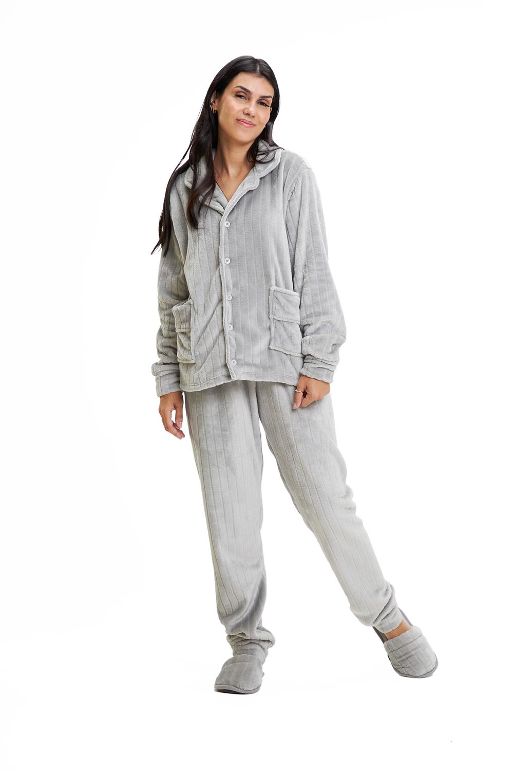 Women&#39;s Fleece Button Up Pajamas Set - Gray Ribbed