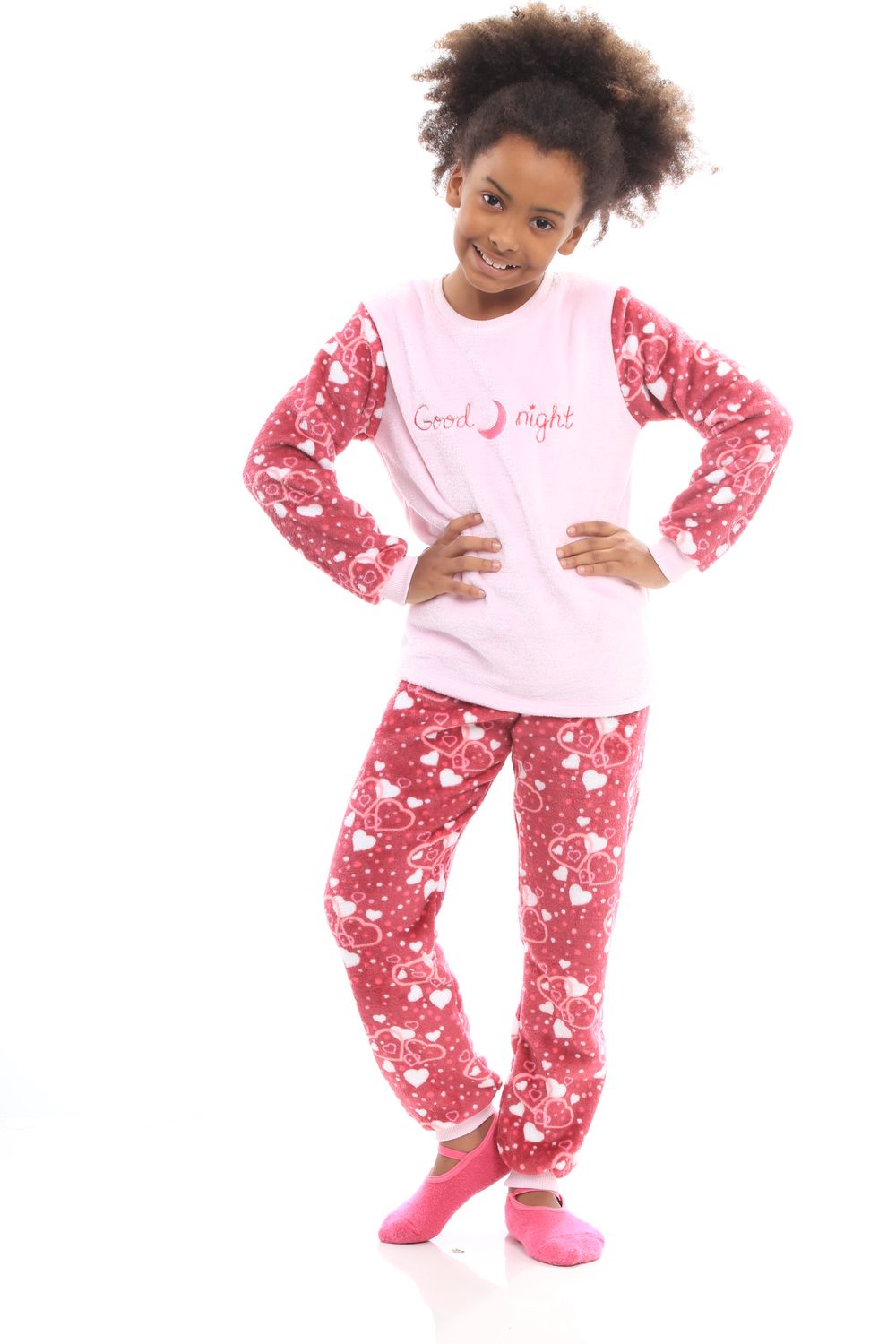Girl&#39;s Fleece Long Pajamas Set - Good Night Pink