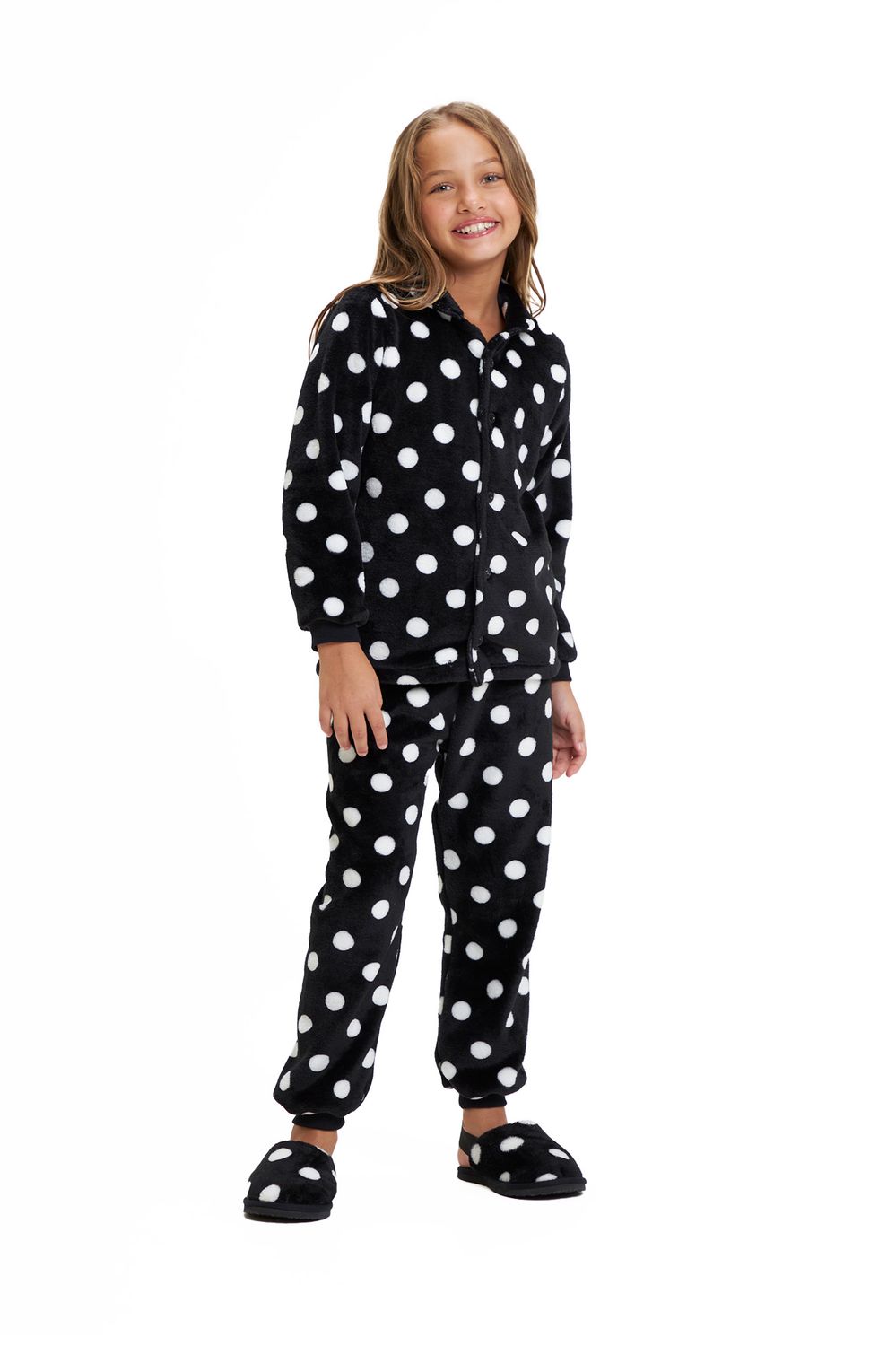 Girl&#39;s Fleece Button Up Pajamas Set - Black Polka Dot
