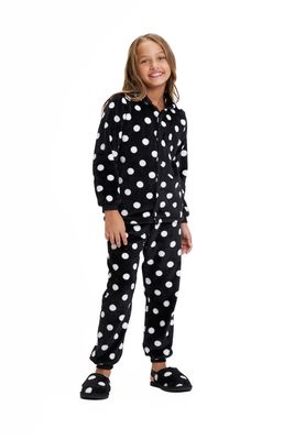 Girl&#39;s Fleece Button Up Pajamas Set - Black Polka Dot