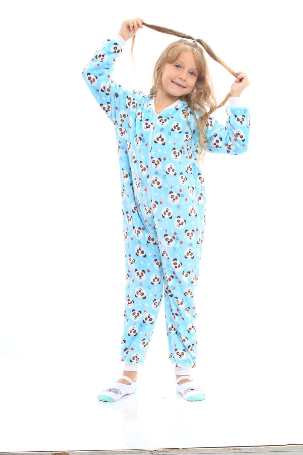 Girl&#39;s Fleece Jumpsuit Pajamas - Pandas and Hearts