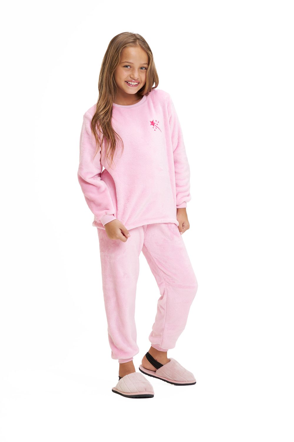 Girl&#39;s Fleece Long Pajamas Set - Light Pink Wand