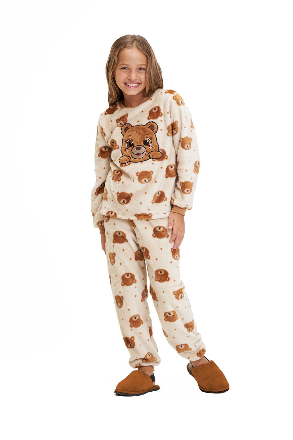 Girl&#39;s Fleece Long Pajamas Set - Teddy Bear