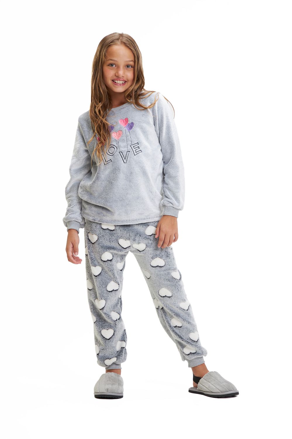 Girl&#39;s Fleece Long Pajamas Set - Love Hearts