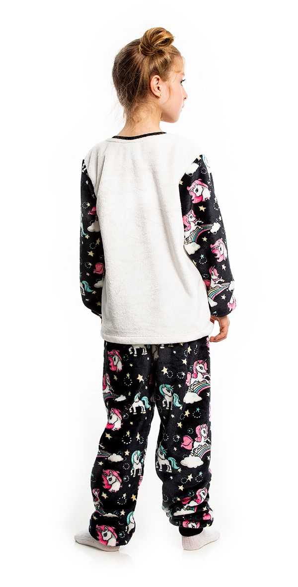 Girl&#39;s Fleece Long Pajamas Set - Black Unicorn