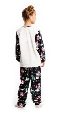 Girl&#39;s Fleece Long Pajamas Set - Black Unicorn