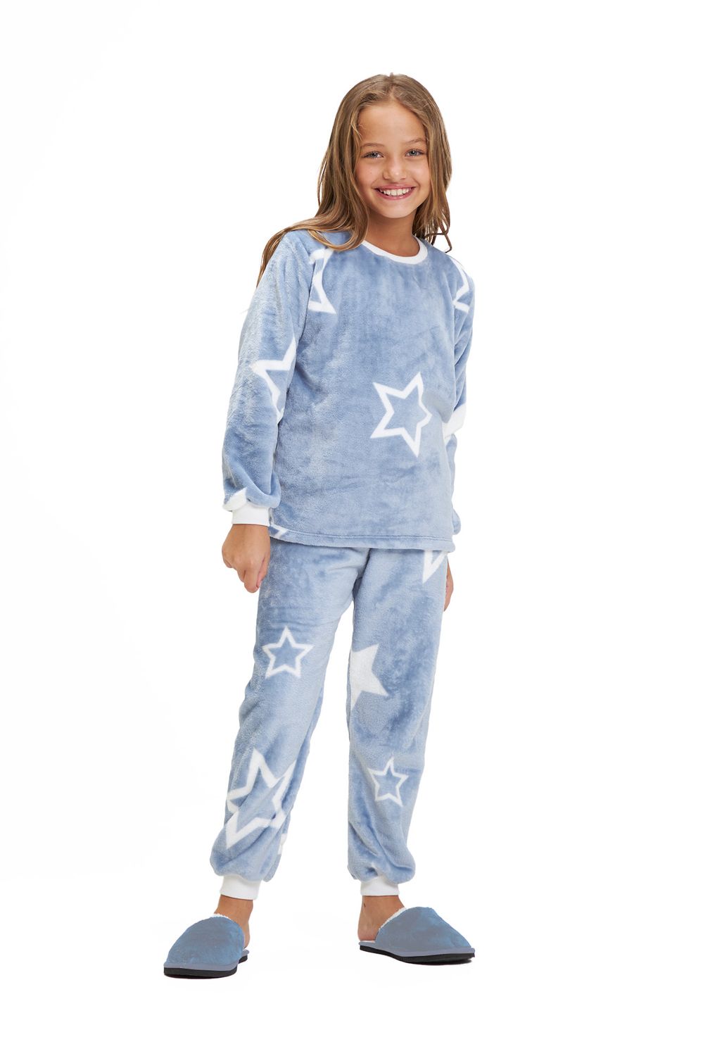 Girl&#39;s Fleece Long Pajamas Set - Blue Star