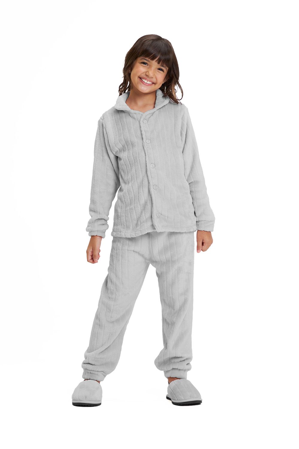Girl&#39;s Fleece Long Pajamas Set - Ribbed Gray