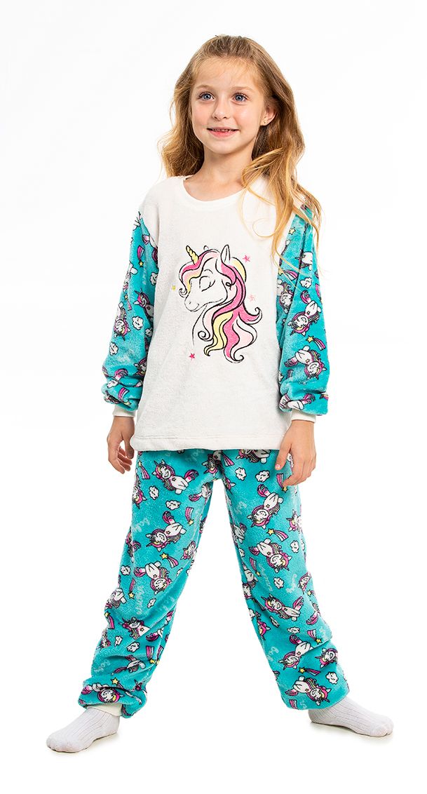 Girl&#39;s Fleece Long Pajamas Set - Green Star Unicorn