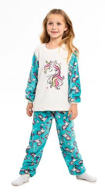 Girl&#39;s Fleece Long Pajamas Set - Green Star Unicorn