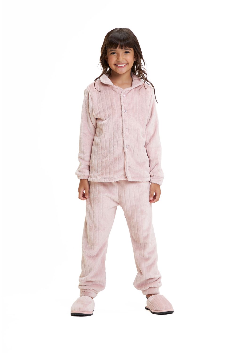 Girl&#39;s Fleece Long Pajamas Set - Ribbed Pink