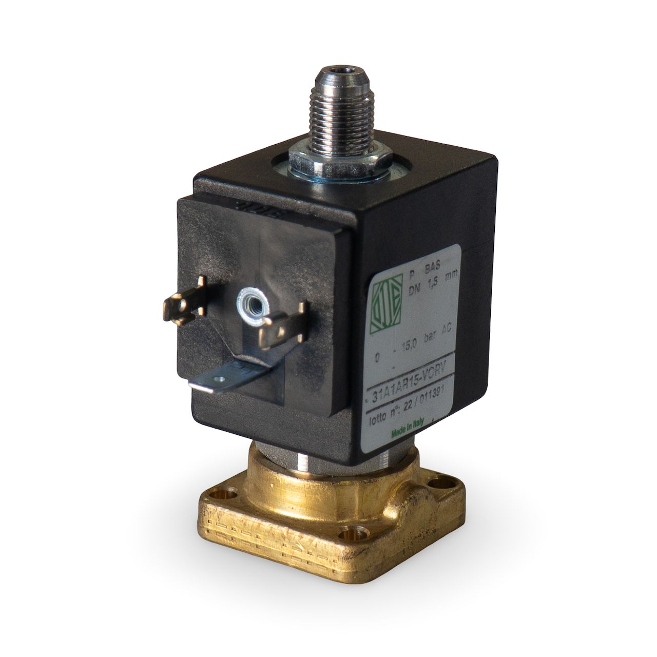 ODE 3 way Flat Base Solenoid 230V 9W 15 Bar 1.5mm dia [B3]