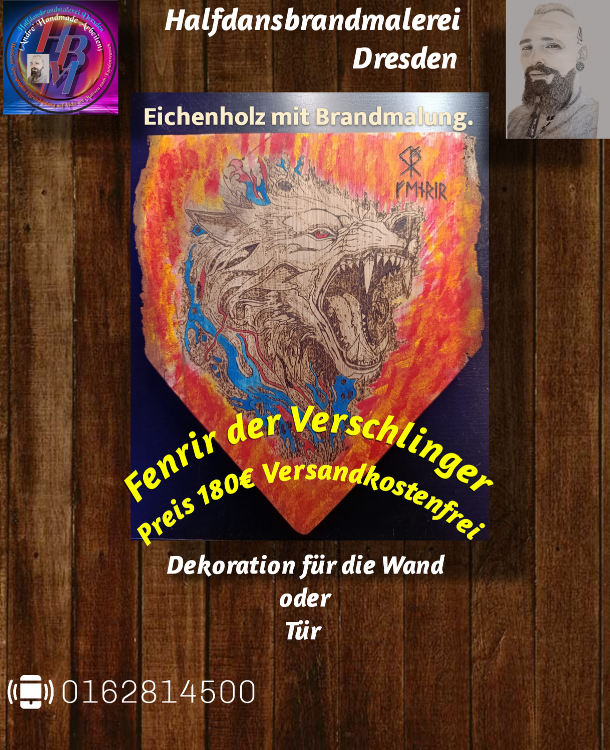 Eichenholz Wanddeko/Tür Deko Motiv Fenrir der Verschlinger Nordische Mythologie