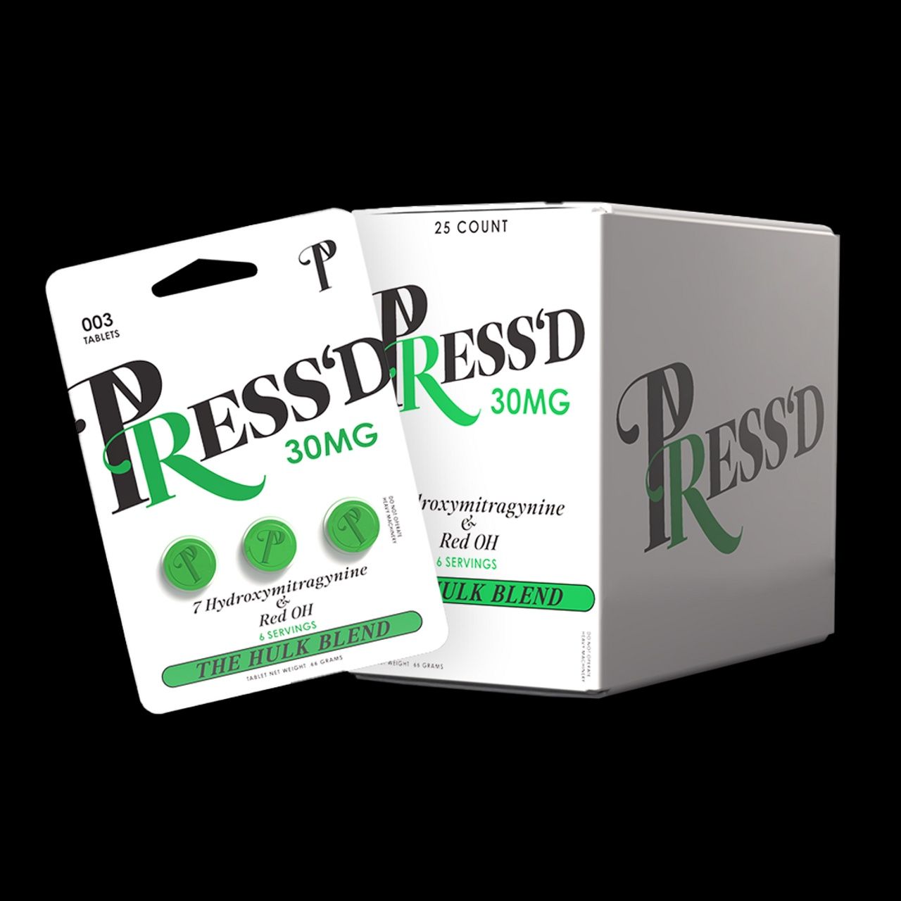 Press&#39;d 7 Hydroxymitragynine + Red OH HULK Blend Kratom Tablets-(30MG)-(3pc)-(25 Count)-(1 UNIT)