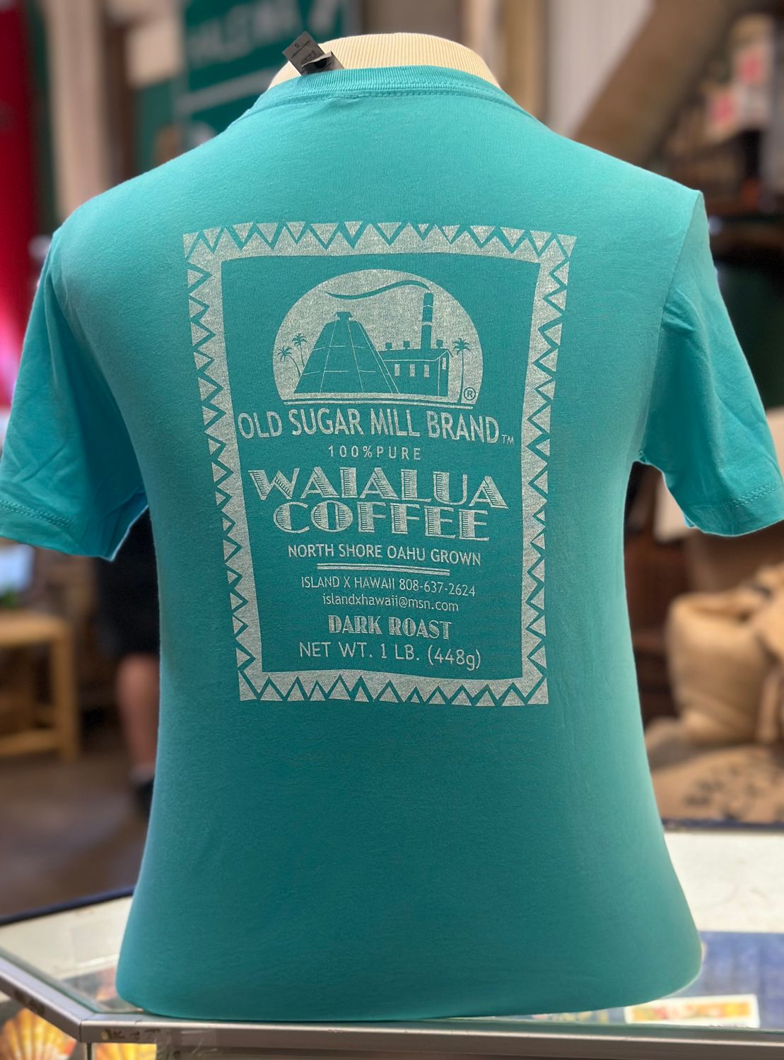 Old Sugar Mill Brand Waialua Coffee Ladies T Shirt Tahiti Blue