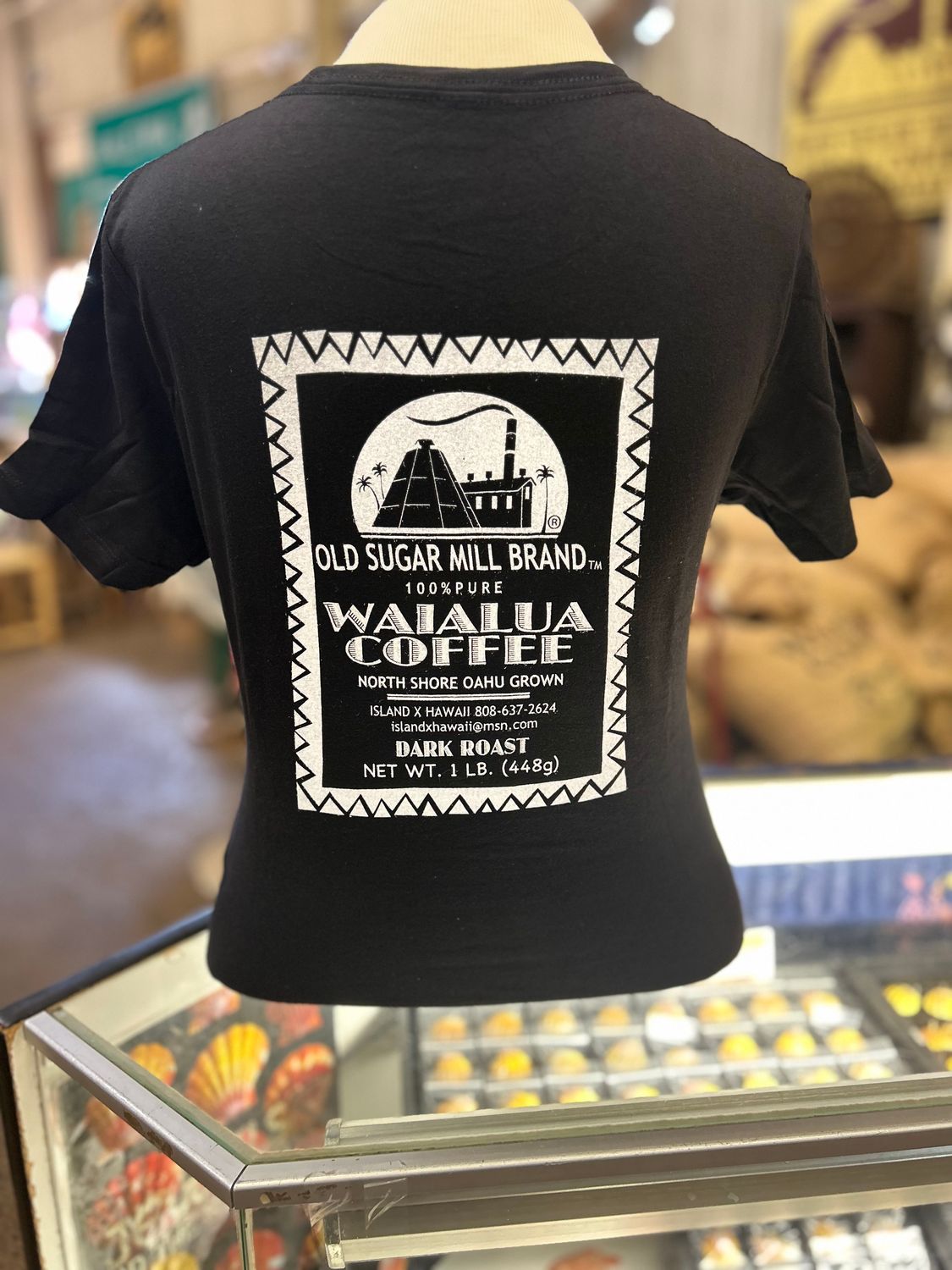Old Sugar Mill Brand Waialua Coffee Ladies T Shirt Black
