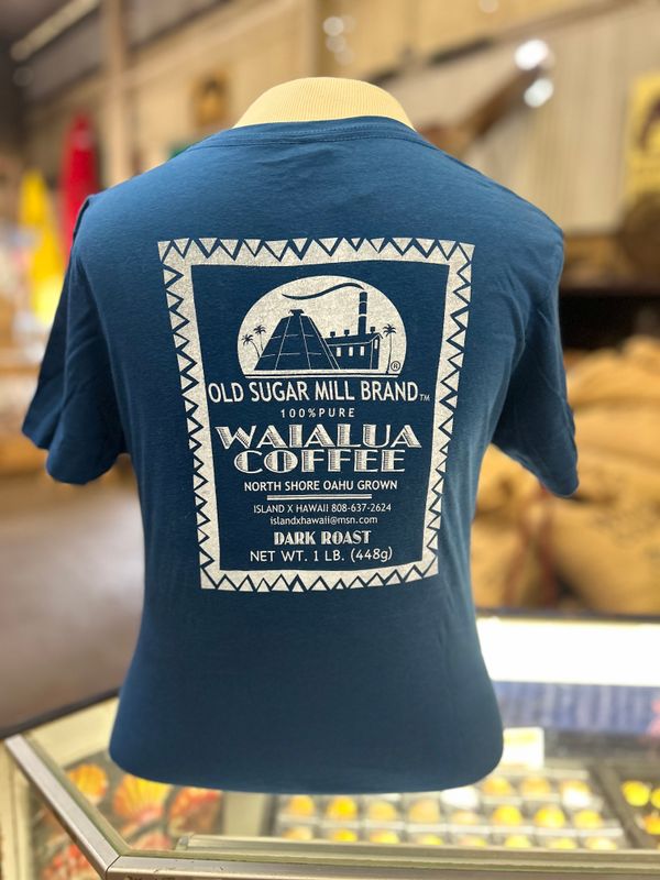 Old Sugar Mill Brand Waialua Coffee Ladies T Shirt Electric Blue