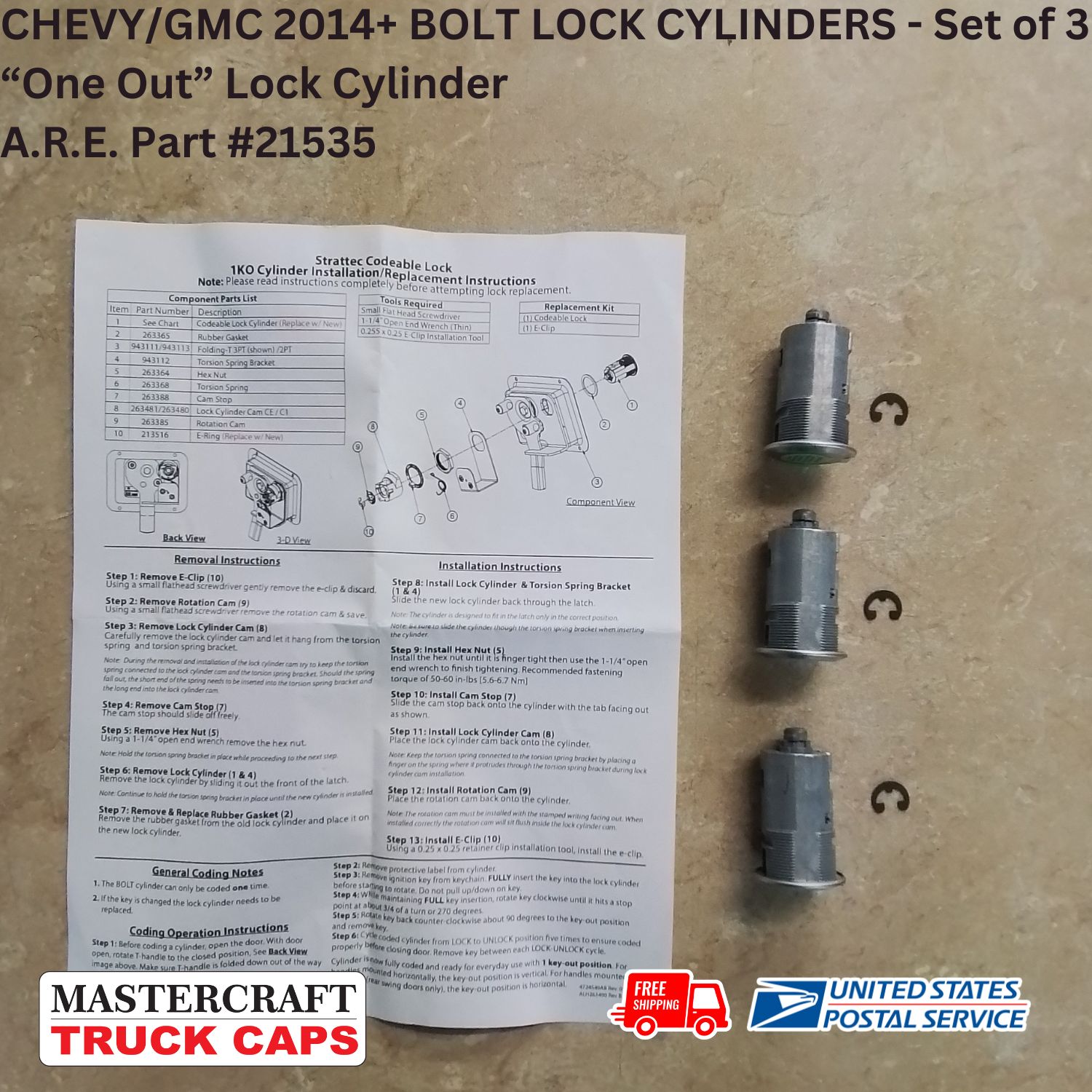CHEVY and GMC TRUCK BOLT LOCK CYLINDERS FOR COMMERCIAL TRUCK CAPS (set of 3) SINGLE OUT STYLE CYLINDER KIT