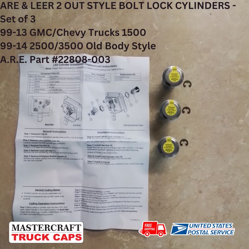 CHEVY and GMC TRUCK Cap 1999-2013 BOLT LOCK CYLINDERS FOR COMMERCIAL TRUCK CAPS (set of 3)
