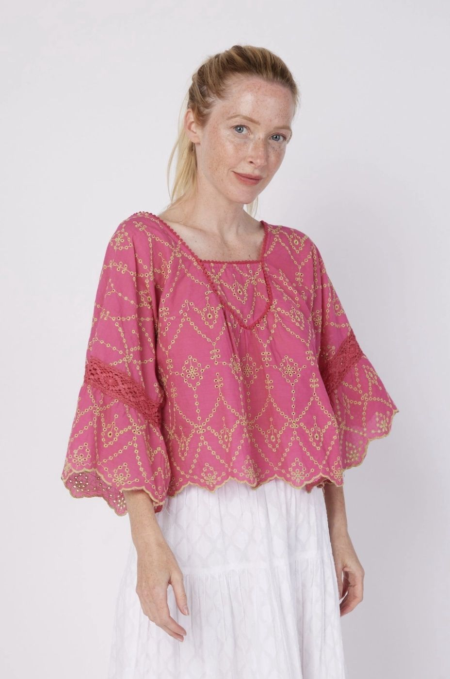 Pink Ruffle Embroidered EyeletLace Blouse sz M