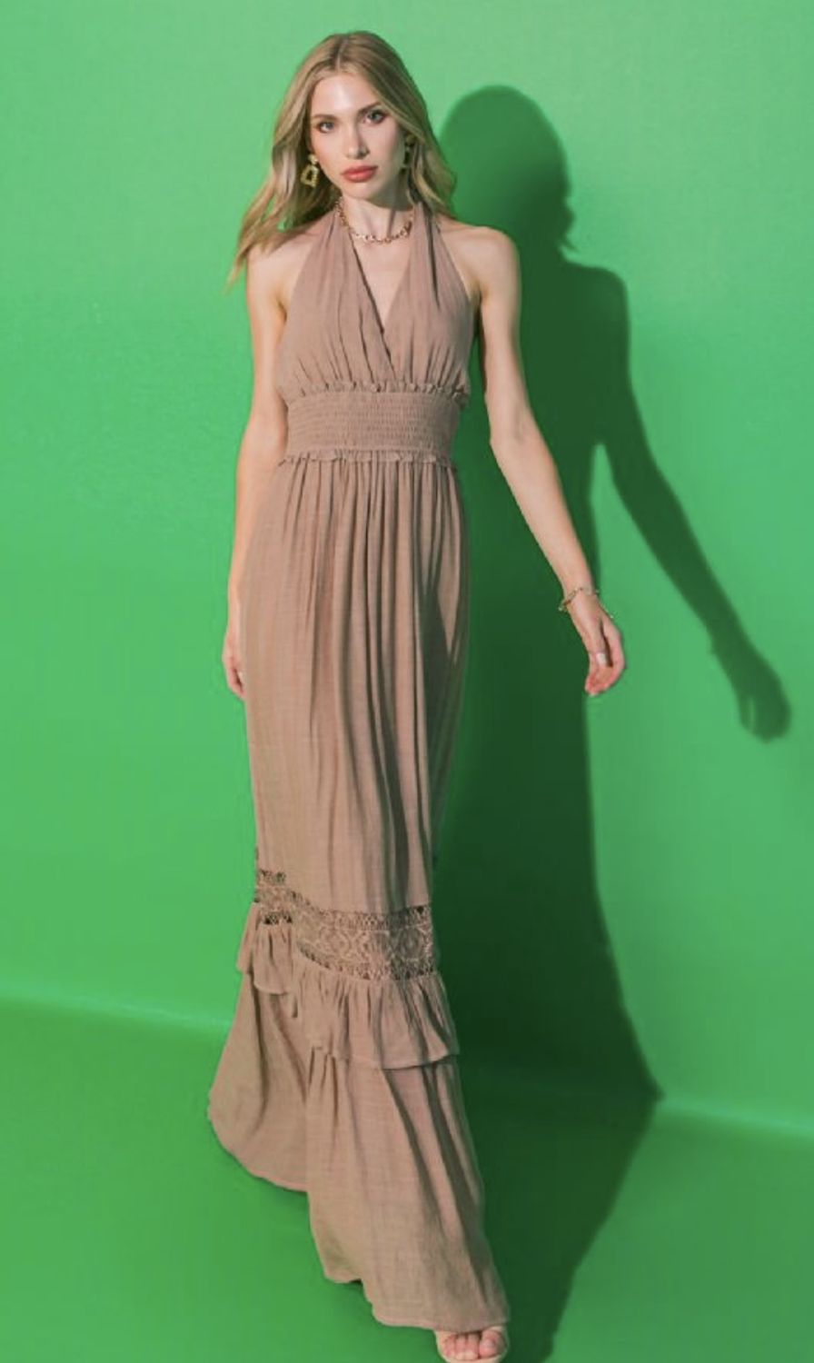 Solid &amp; Lace Maxi Dress Mocha