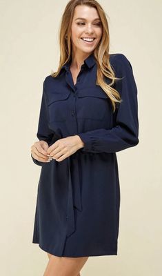 Belted Botton Down Mini Shirt Dress Navy