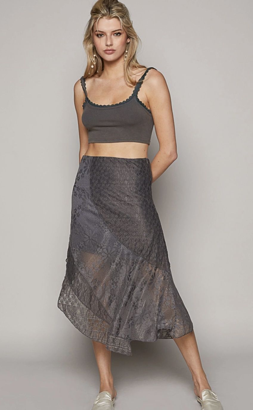 Lace &amp; Unbalanced Hem Skirt/Charcoal