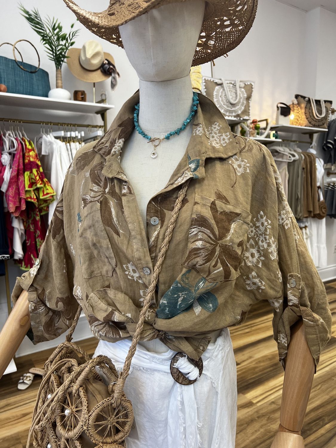 Floral Italian Linen Botton Down Shirt O/S