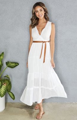 Eyelet Flowing White Maxi Dress W/Belt