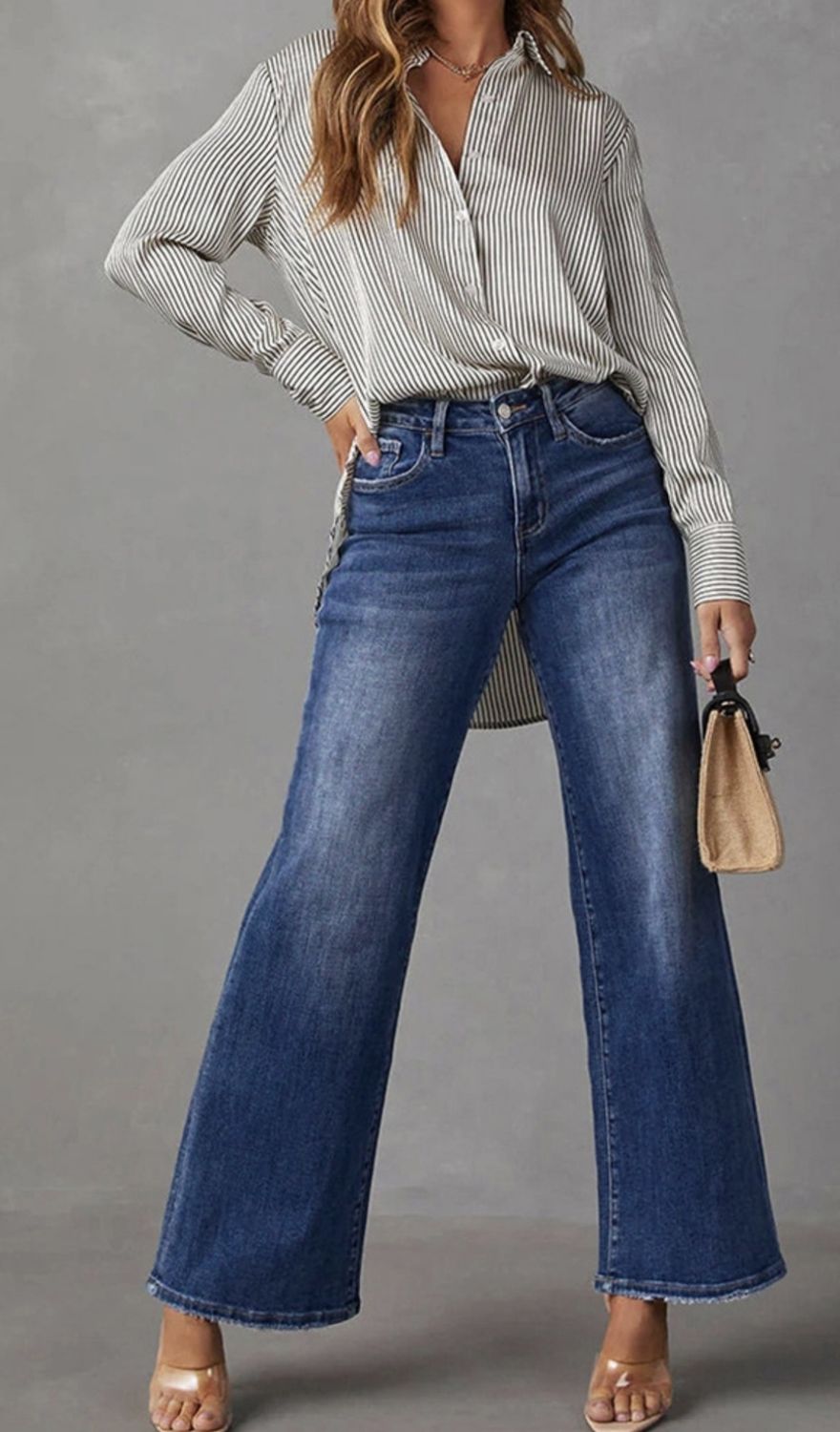 Dark Blue Frayed Wide Leg Jeans