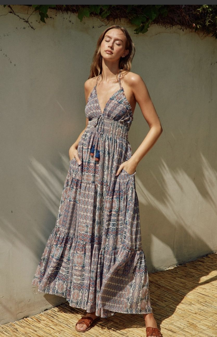 Mosaic Blue Halter Maxi Dress